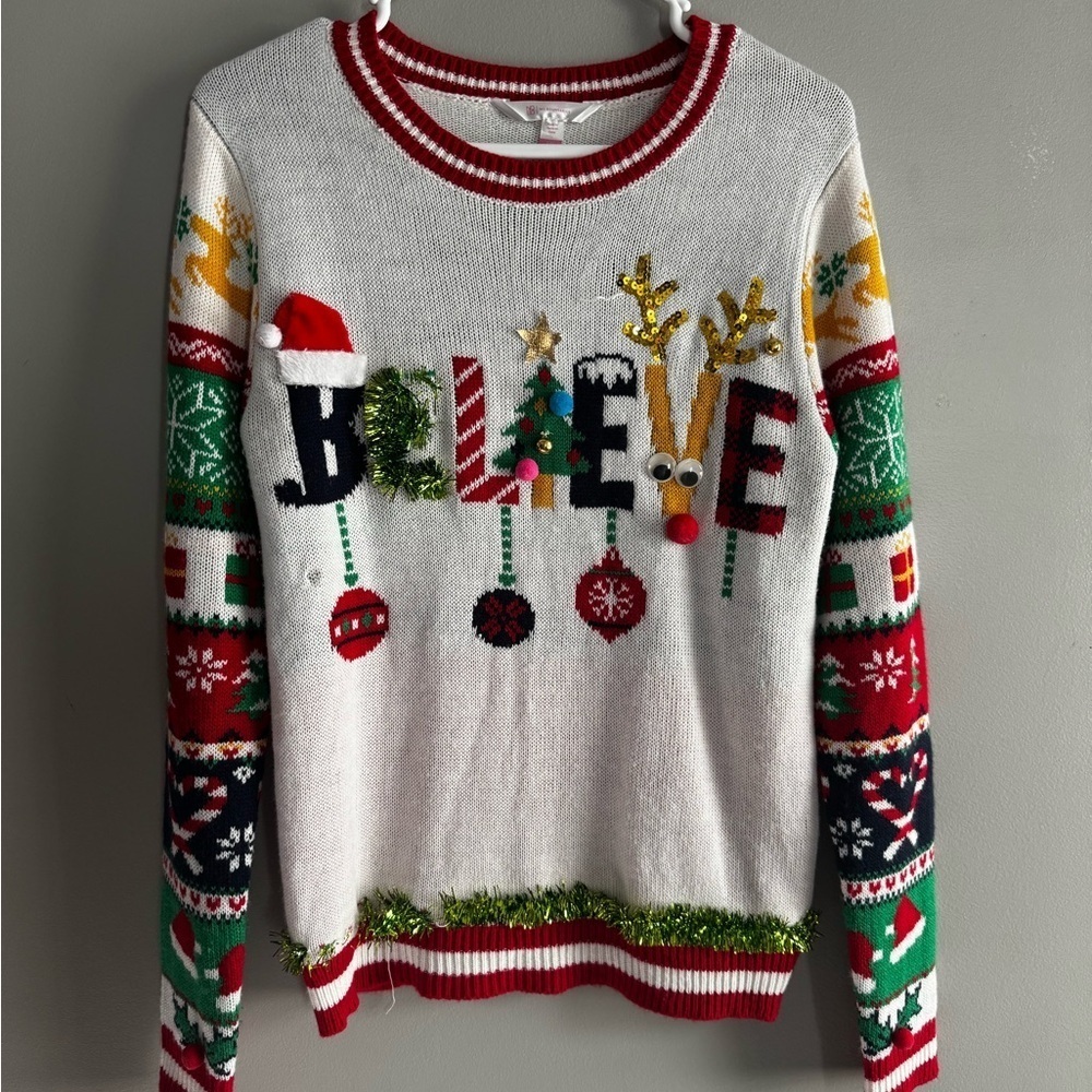 No Boundaries Festive White Sweater with Red and Green Accents